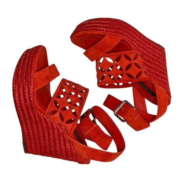 Louis Vuitton Ankle Wrap Espadrille Lasercut Logo Wedge Suede Sandals EU 37 US 7 - Picture 4 of 8